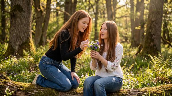 Two red-haired teenage girls, with very long auburn hair and precise features, are seated together in a sunlit ancient forest glade. The girl in the black top is kneeling on a mossy log and smiling, while the girl in the white peasant top holds up a cluster of wild violets and points with excitement. Dappled light patterns filter through the high canopy. Their faces and expressions are preserved from the reference material. The background is a soft-focus bokeh of old trees and ferns. This scene is a significant concept shift into a nature discovery theme.