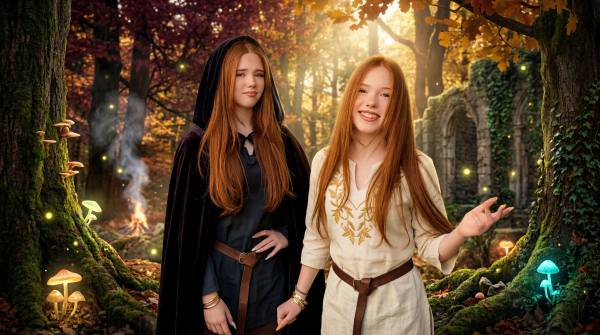 Emilia (left): A guarded, auburn-haired young woman stands serious in an ancient, moss-covered autumnal forest. She is cloaked in a deep teal hooded mantle and grey tunic with a leather belt, left hand on her hip. Letizia (right): A smiling, auburn-haired young woman in a cream-colored tunic with intricate gold-leaf embroidery stands happily, gesturing with her right hand. The background is filled with bioluminescent mushrooms, stone ruins, and the soft light of a campfire.