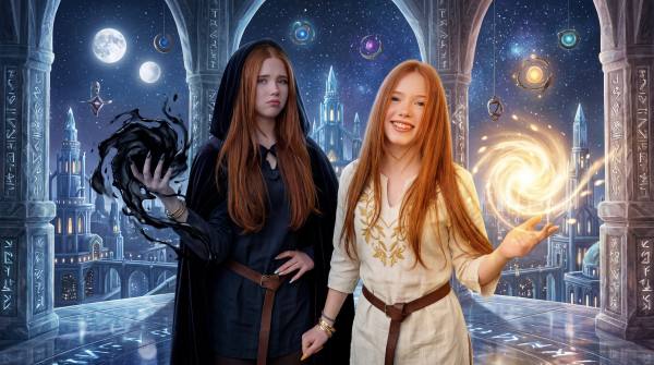 Emilia (left): In a grand, runic crystal citadel, a guarded Emilia, in a deep obsidian-sheen dark hooded cloak and grey tunic, serious and left hand on hip, uses her right hand to gather and shape dark, swirling obsidian-like shadows. Letizia (right): A smiling, auburn-haired Letizia in a cream embroidered tunic, joyfully generates a vibrant, warm golden-white light-sphere, like a small sun, from her extended right hand. The background shows a multi-level fantasy crystal city under a double moon.