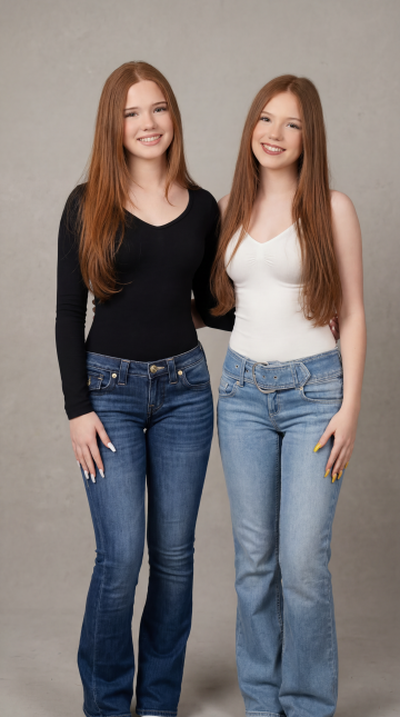 Letizia and Emilia Macula, standing in front of a gray background, smiling.