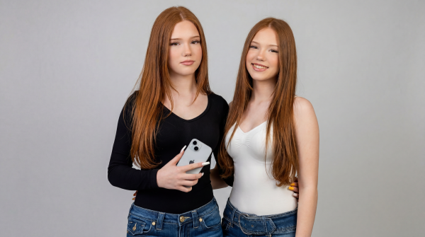 Letizia and Emilia Macula in front of a Lightgray background. Letizia holding an iPhone 12
