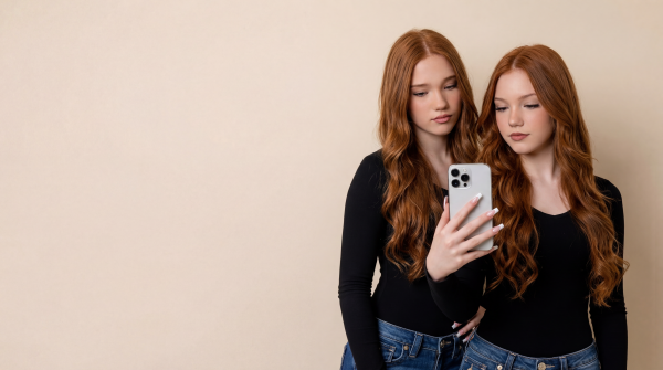 Emilia and Letizia macula standing on the right of the picture, holding an iPhone and looking at it