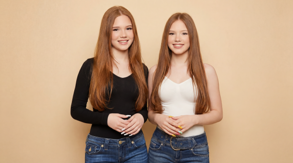 Letizia and Emilia Macula smiling in front of a ligh-beige background