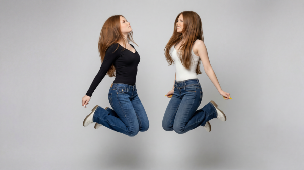 Emilia and Letizia jumping in the air together